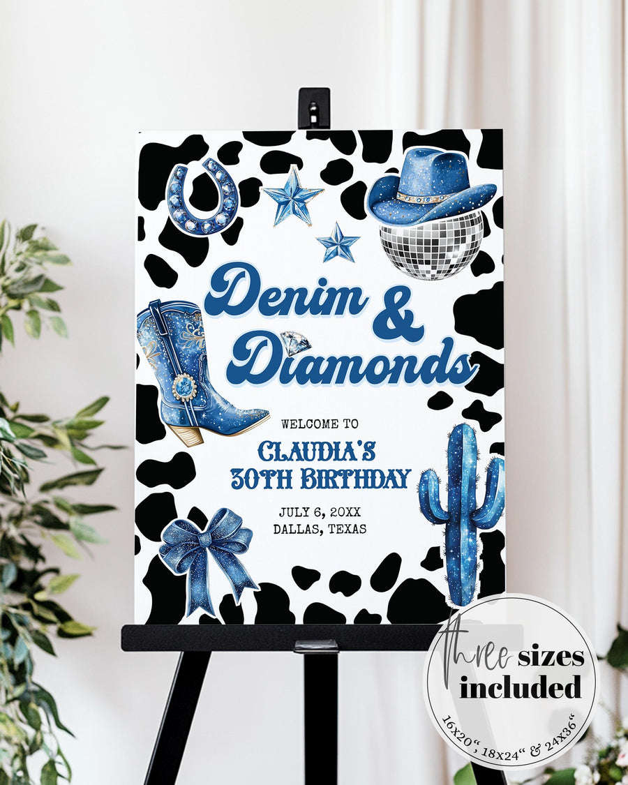 Denim and Diamonds Birthday Sign, Blue Cowgirl Last Rodeo Western Disco Printable 022BLDC-WLCM - marryful.org