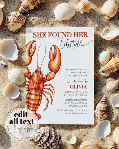 She Found her Lobster Bridal Shower Invitation Template for Coastal Bridal Party or Beach Bachelorette in Maine with Girl Friends #070 - TheLovebirdsDesign