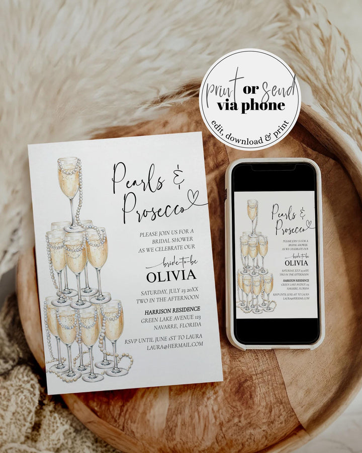 Pearls and Prosecco Bridal Shower Invitation, Champagne Tower and Pearls Party Invite Template for Bridal Brunch or Adult Woman Birthday#070 - TheLovebirdsDesign