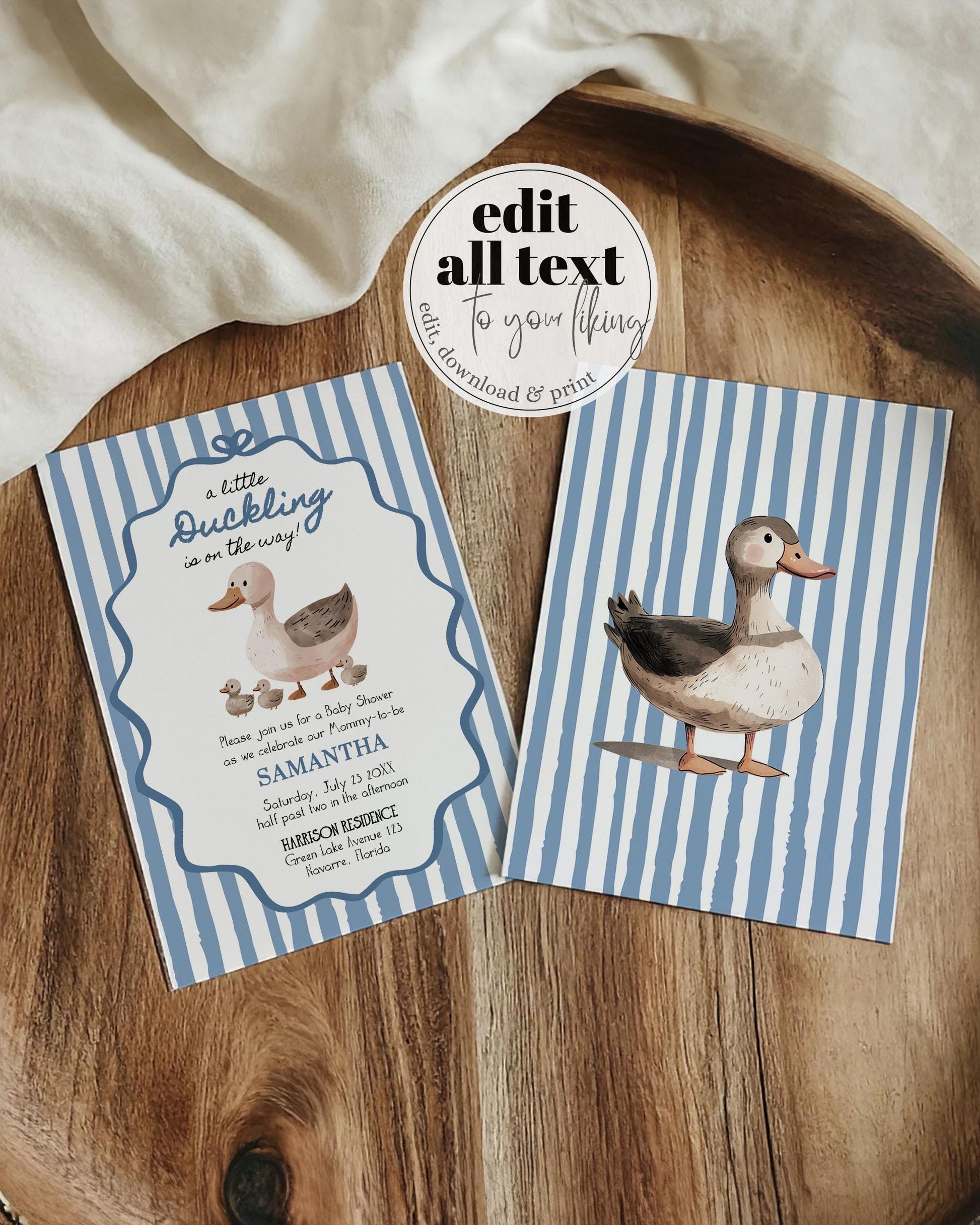 Mallard Duck Blue Baby Shower Invitation Hand Drawn Duck Themed Party Invite Coquette Striped Lucky Duck or little Duckling Template #070 - TheLovebirdsDesign