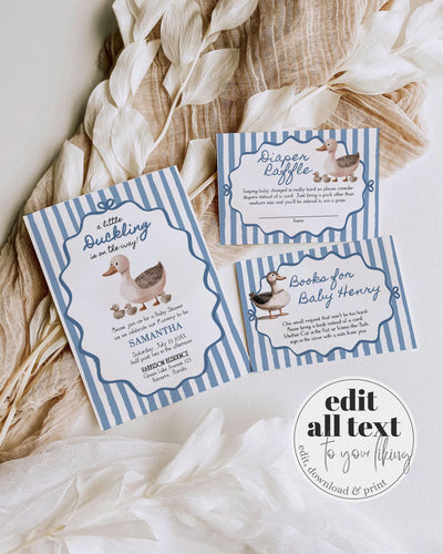 Mallard Duck Blue Baby Shower Invitation Hand Drawn Duck Themed Party Invite Coquette Striped Lucky Duck or little Duckling Template #070 - TheLovebirdsDesign