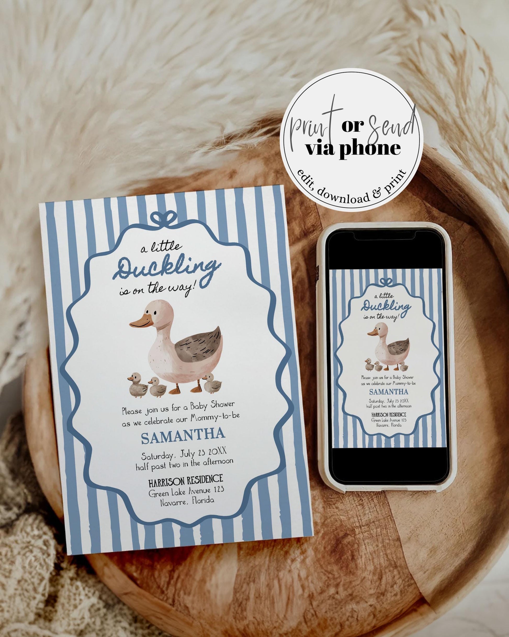 Mallard Duck Blue Baby Shower Invitation Hand Drawn Duck Themed Party Invite Coquette Striped Lucky Duck or little Duckling Template #070 - TheLovebirdsDesign