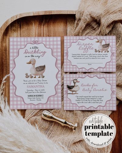 Mallard Duck Pink Baby Shower Invitation Girls Hand Drawn Duck Themed Party Invite Coquette Gingham Lucky little Duckling Template #070 - TheLovebirdsDesign