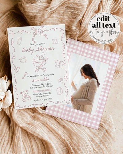 Hand Drawn Baby Shower Invitation Suite Pink Funky Doodle Whimsical Scribble for Girls Editable Baby Sprinkle Invite Printable Template #070 - TheLovebirdsDesign