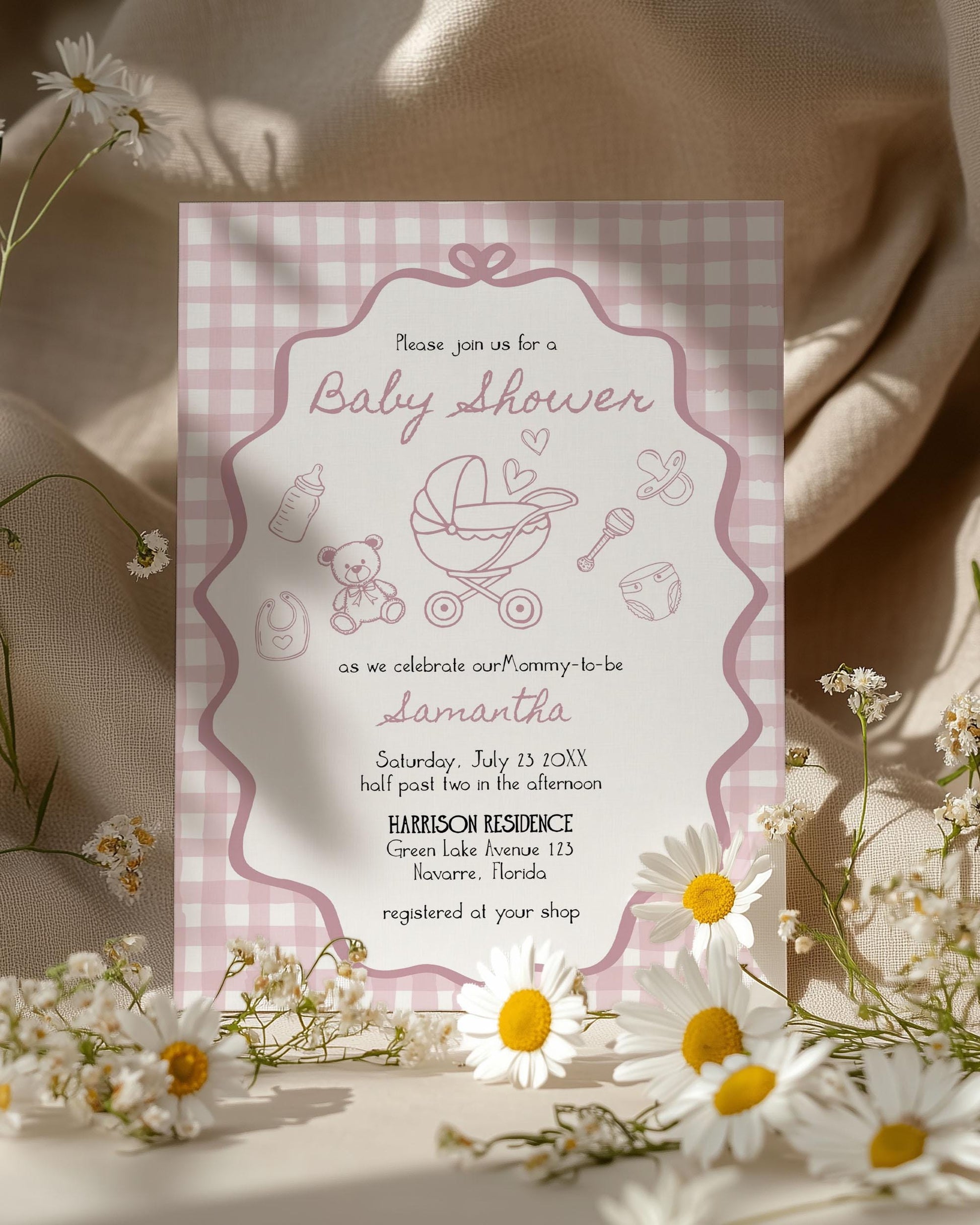 Hand Drawn Pink Baby Shower Invitation Suite for Girls, Pink Bow Wavy Frame Whimsical Scribble Design Girl Shower Invite Template #070 - TheLovebirdsDesign