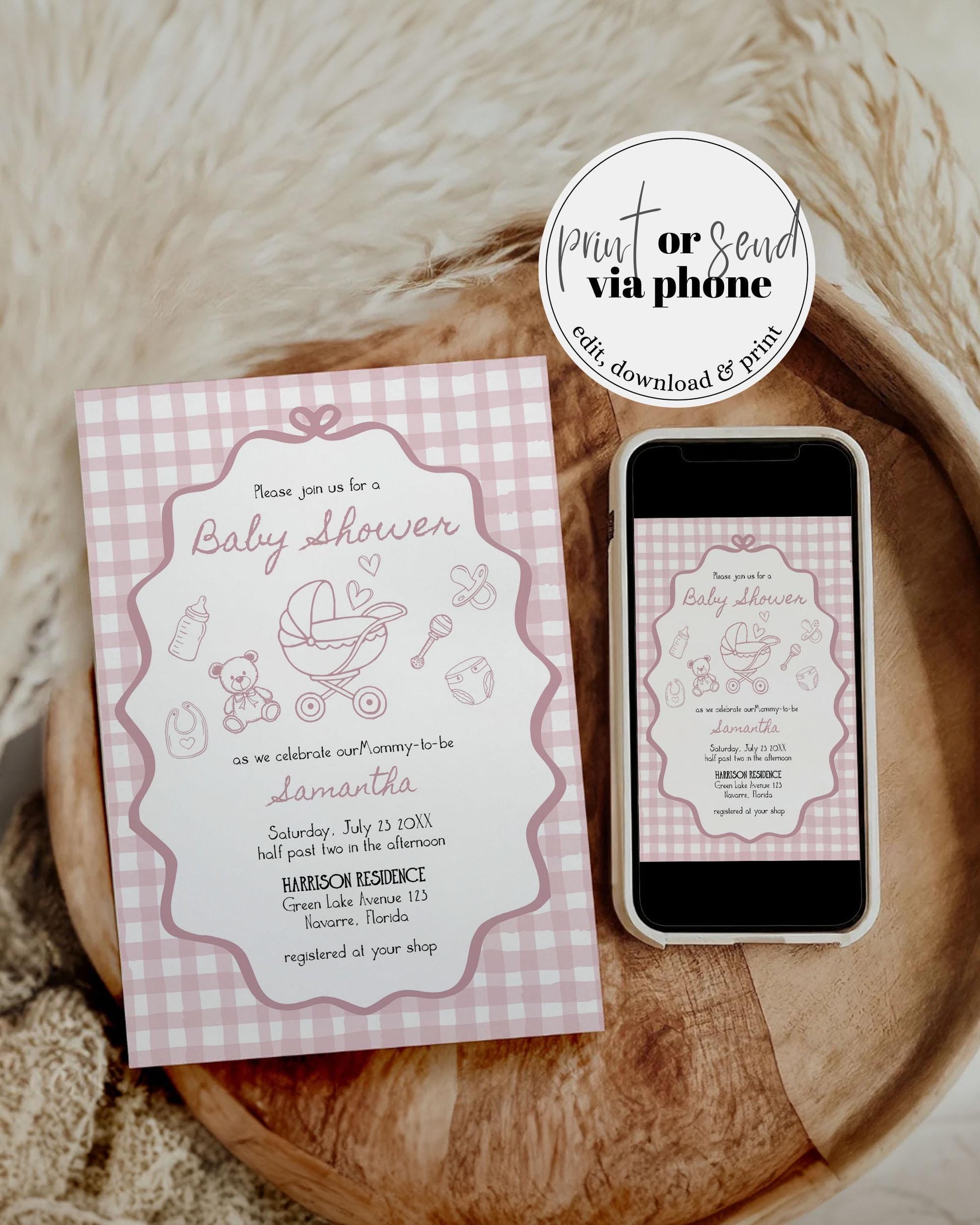 Hand Drawn Pink Baby Shower Invitation Suite for Girls, Pink Bow Wavy Frame Whimsical Scribble Design Girl Shower Invite Template #070 - TheLovebirdsDesign