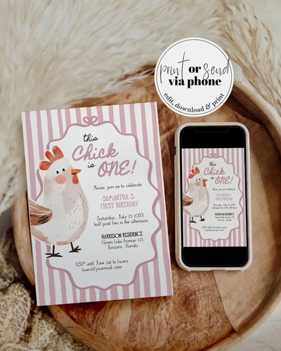 One Cute Chick Pink First Birthday Invitation, Whimsical Chicken Themed 1st Birthday Invite, Cute Farm Animal Invite Printable Template #070 - TheLovebirdsDesign