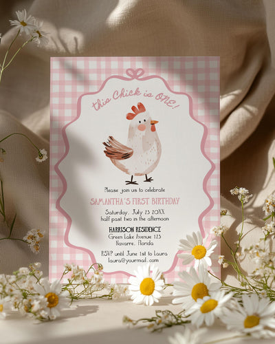 One Cute Chick First Birthday Invitation for Girls, Hand drawn Chicken Themed 1st Birthday Invite Farm Animal Invite Printable Template #070 - TheLovebirdsDesign