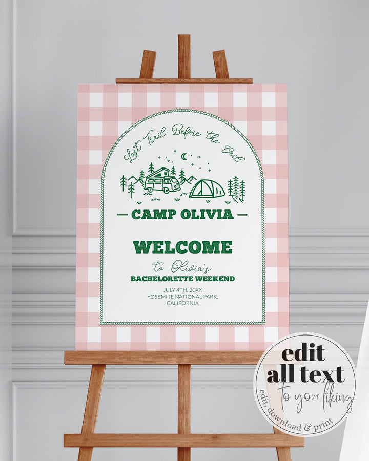 Camp Bachelorette Welcome Sign for Nature Park Bridal Shower Camping Bachelorette Decorations Last Trail before Veil Printable Template #072 - TheLovebirdsDesign