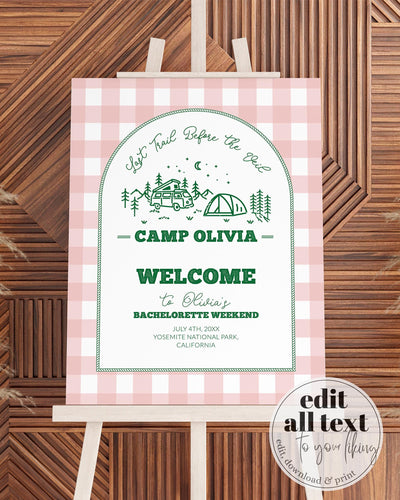 Camp Bachelorette Welcome Sign for Nature Park Bridal Shower Camping Bachelorette Decorations Last Trail before Veil Printable Template #072 - TheLovebirdsDesign