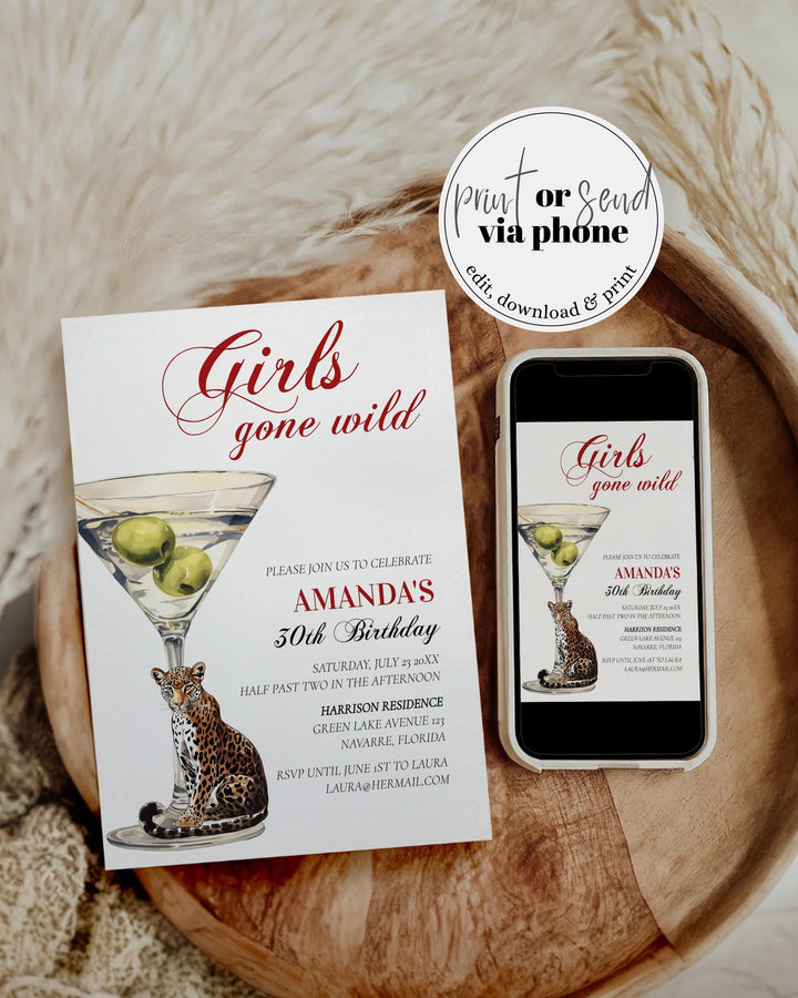 Party Animals 30th Birthday Party Invitation Template, Girls Gone Wild Mob Wife Martini Cheetah Printable Adult Woman Birthday Invite #072 - TheLovebirdsDesign