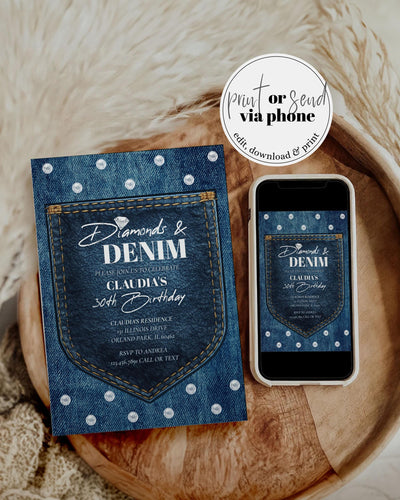 Blue Jeans Denim and Diamonds 30th Birthday Invitation, Disco Cowgirl Adult Birthday Invite, Denim Diamonds Pearls Party Printable #022 - TheLovebirdsDesign
