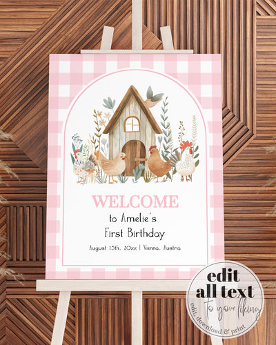 Chicken First Birthday Welcome Party Sign Girl, Boho ONE cute Chick 1st Birthday Decoration, Farm Barn Party Animal Sign Template #068 - TheLovebirdsDesign