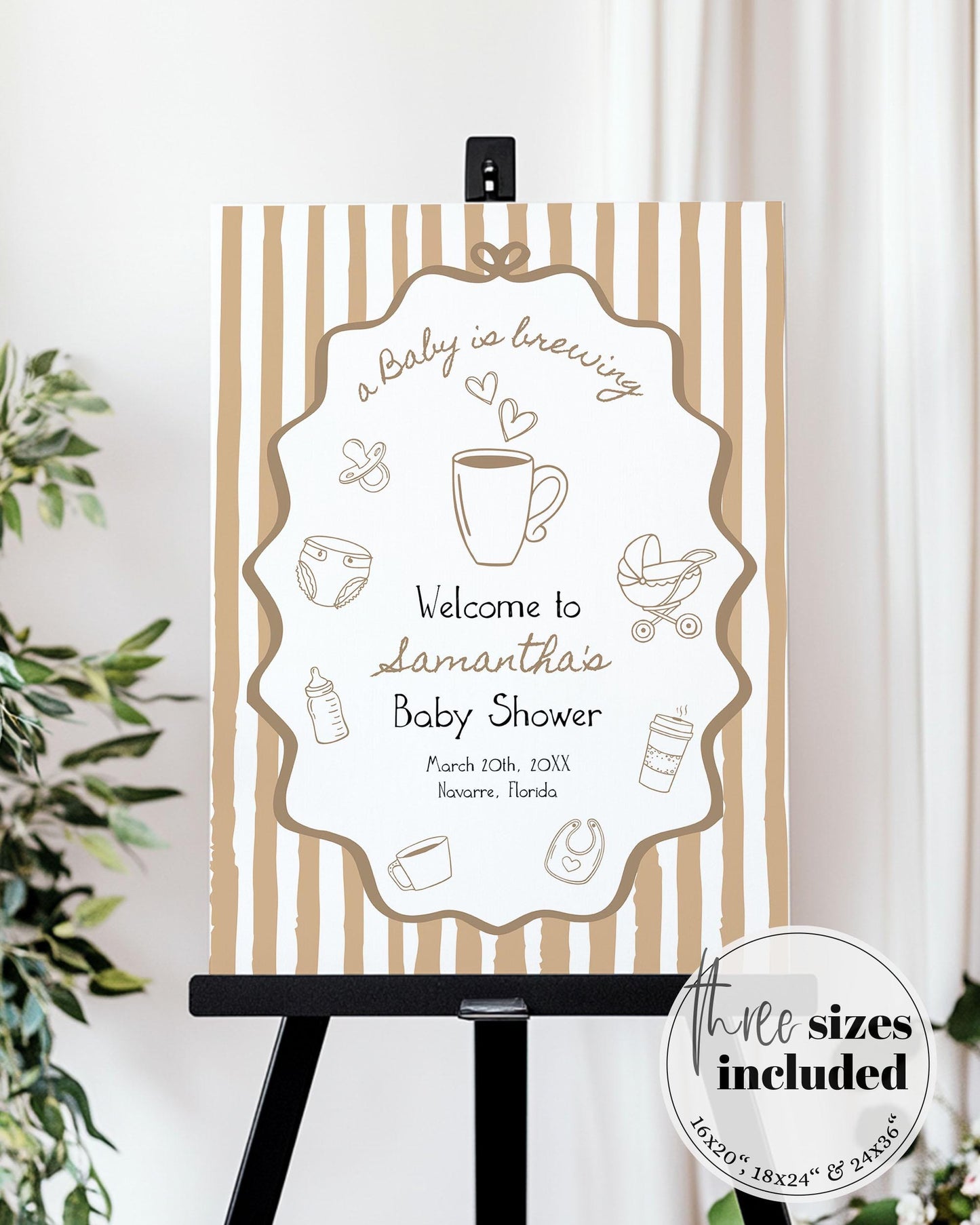 Hand Drawn Coffee Bean Baby Shower Welcome Sign Template, A Baby is Brewing Baby Party Decoration Poster, Cafe Bebe Printable Template #070 - TheLovebirdsDesign