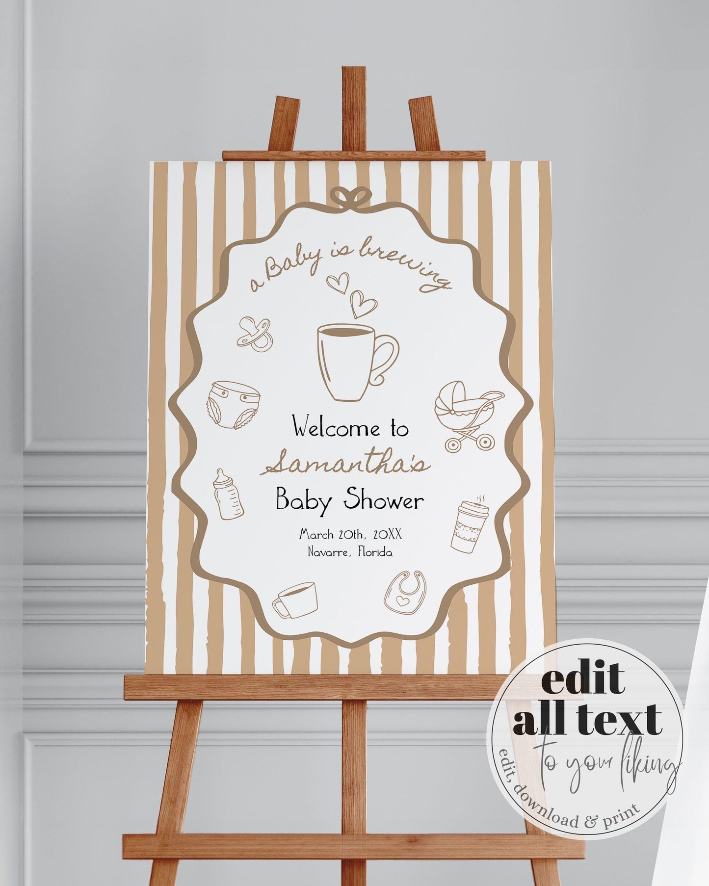 Hand Drawn Coffee Bean Baby Shower Welcome Sign Template, A Baby is Brewing Baby Party Decoration Poster, Cafe Bebe Printable Template #070 - TheLovebirdsDesign