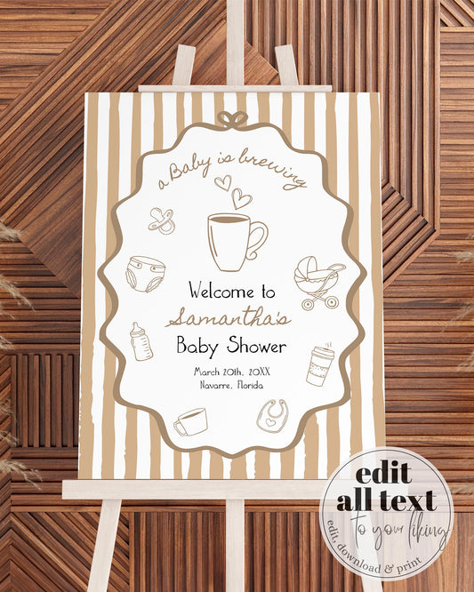 Hand Drawn Coffee Bean Baby Shower Welcome Sign Template, A Baby is Brewing Baby Party Decoration Poster, Cafe Bebe Printable Template #070 - TheLovebirdsDesign