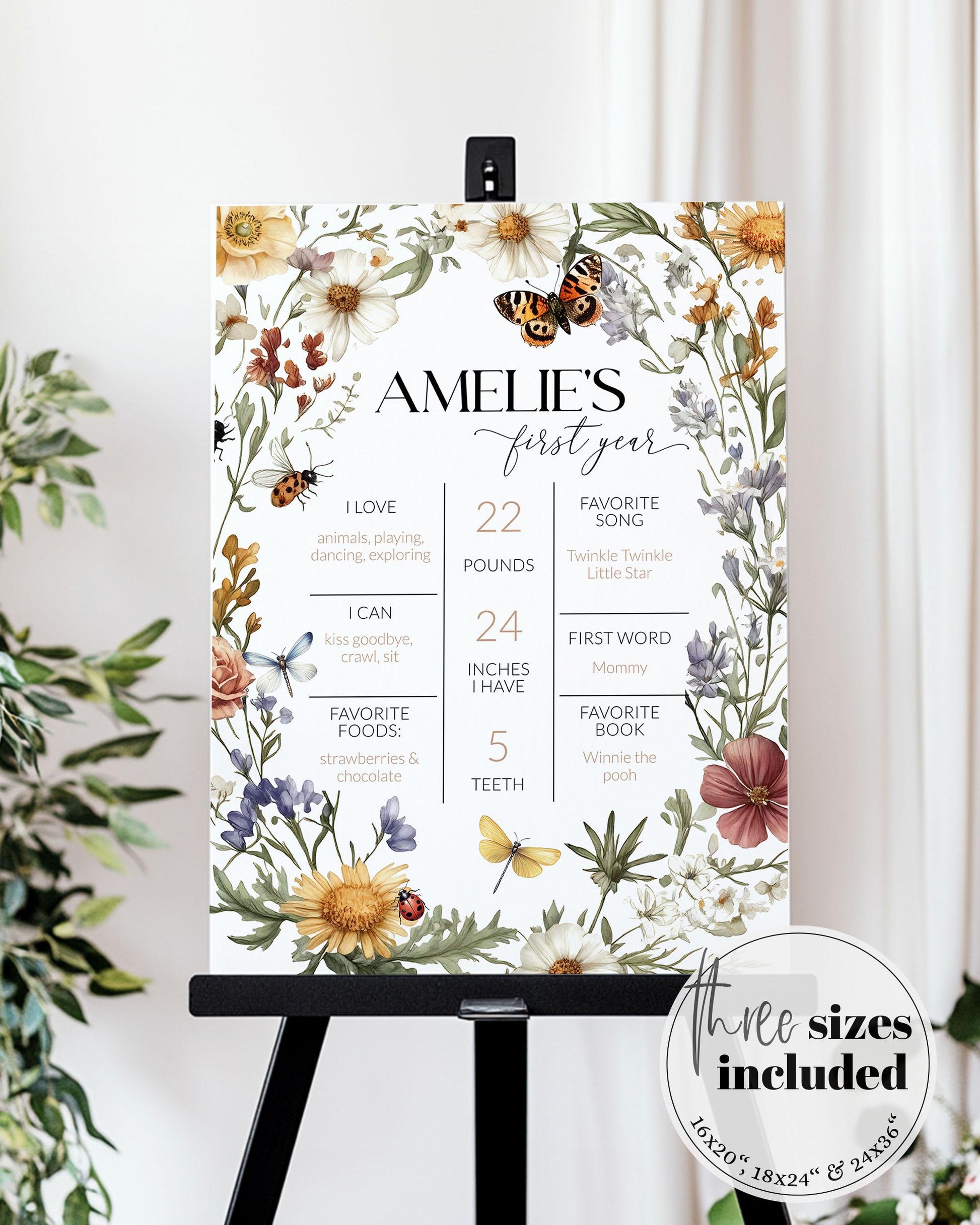 Wildflower Love bug First Birthday Milestone Sign little Lovebug Decorations Sign Gender Neutral First Year Butterfly Party Template #072 - TheLovebirdsDesign