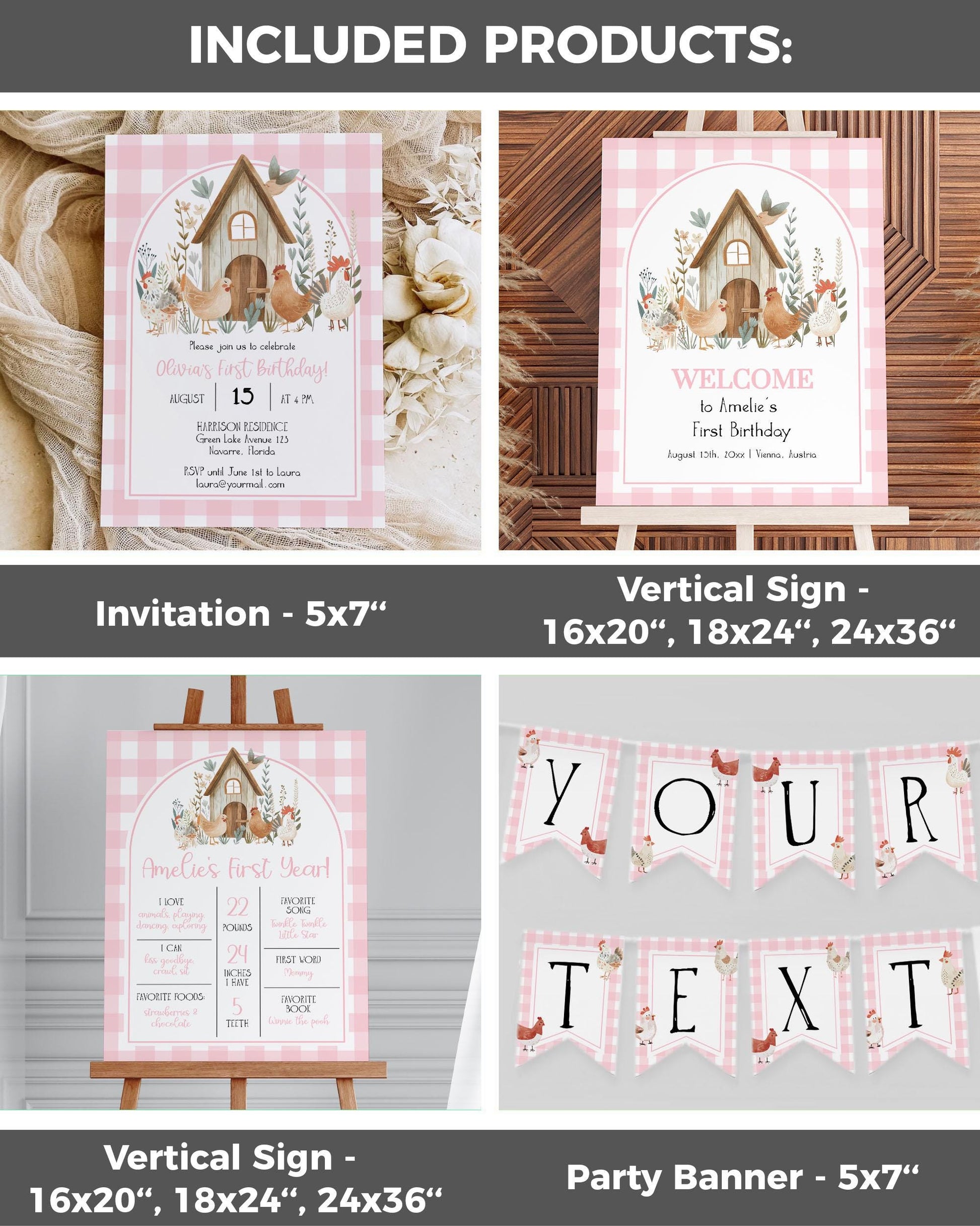 Chicken First Birthday Invitation Bundle Girl Pink ONE Chick 1st Birthday Invite Suite Cute Chicken Farm Barn Party Animal Template #068 - TheLovebirdsDesign
