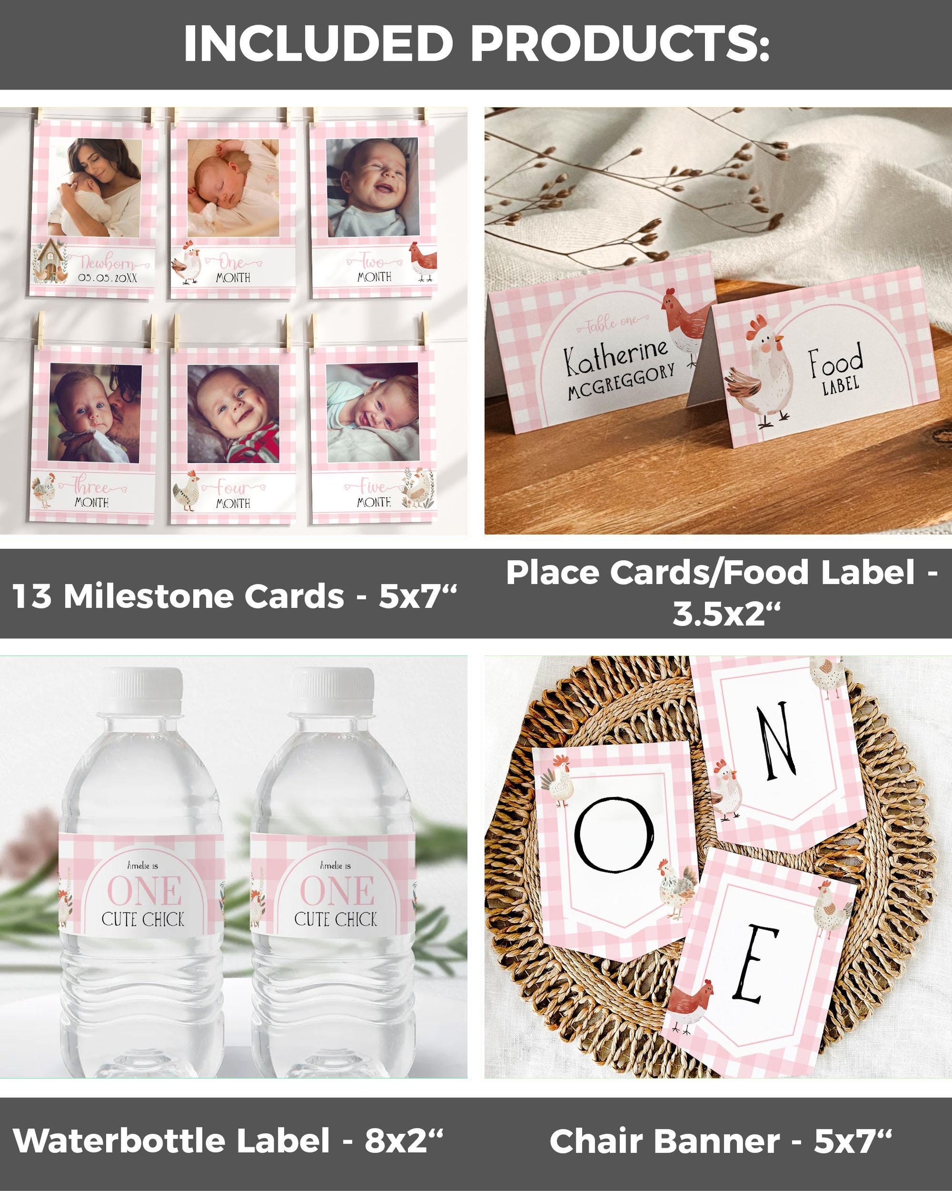 Chicken First Birthday Invitation Bundle Girl Pink ONE Chick 1st Birthday Invite Suite Cute Chicken Farm Barn Party Animal Template #068 - TheLovebirdsDesign