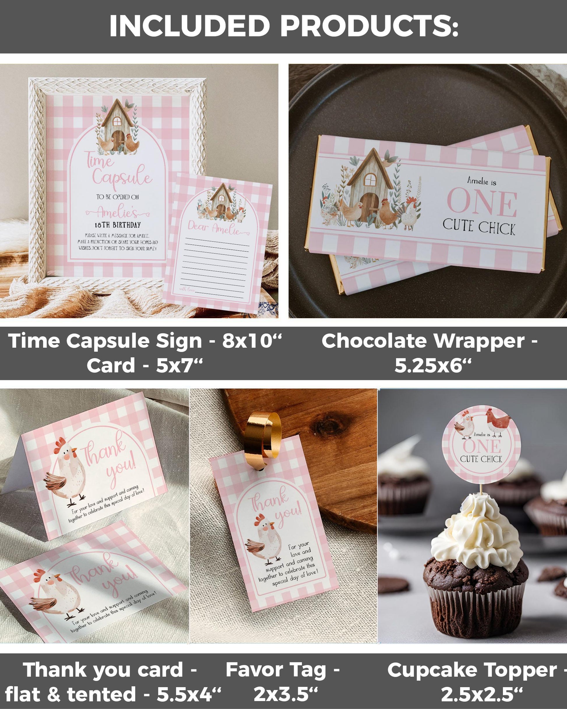 Chicken First Birthday Invitation Bundle Girl Pink ONE Chick 1st Birthday Invite Suite Cute Chicken Farm Barn Party Animal Template #068 - TheLovebirdsDesign