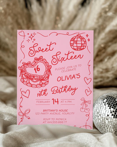 Sweet Sixteen Birthday Invitation, Hand-Drawn Bow & Heart Cake Teen Girl Invite, Editable Template #070 - marryful.org