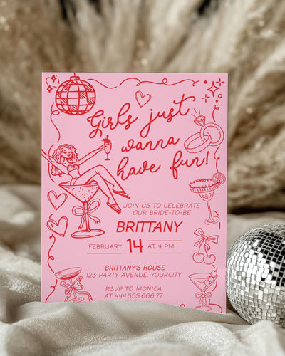 Handwritten Girls just wanna have Fun Bachelorette Party Invitation, XOXO Girls Night Bridal Shower Invitation Funky Hen Do Itinerary #070 - TheLovebirdsDesign