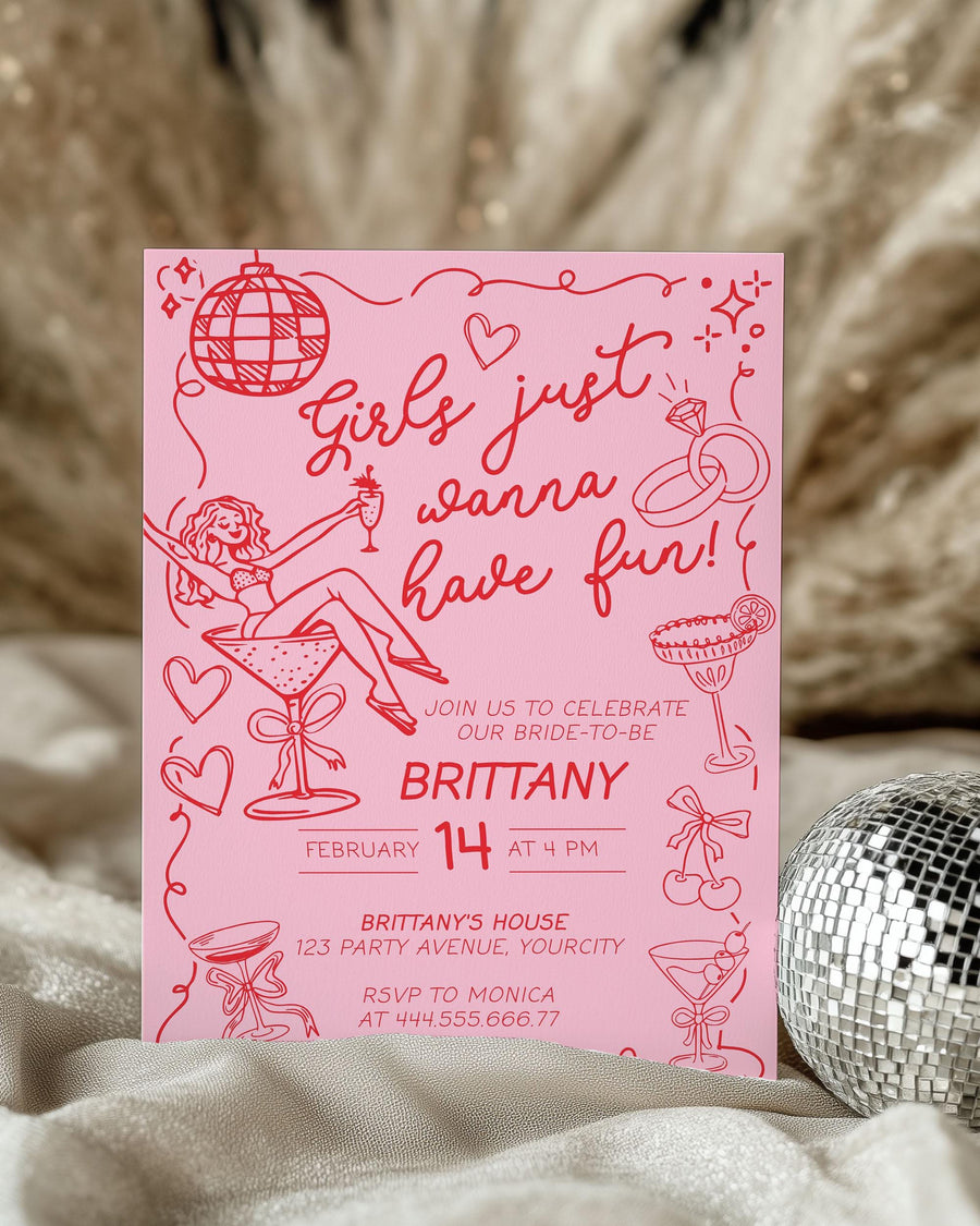 Handwritten Girls just wanna have Fun Bachelorette Party Invitation, XOXO Girls Night Bridal Shower Invitation Funky Hen Do Itinerary #070 - marryful.org