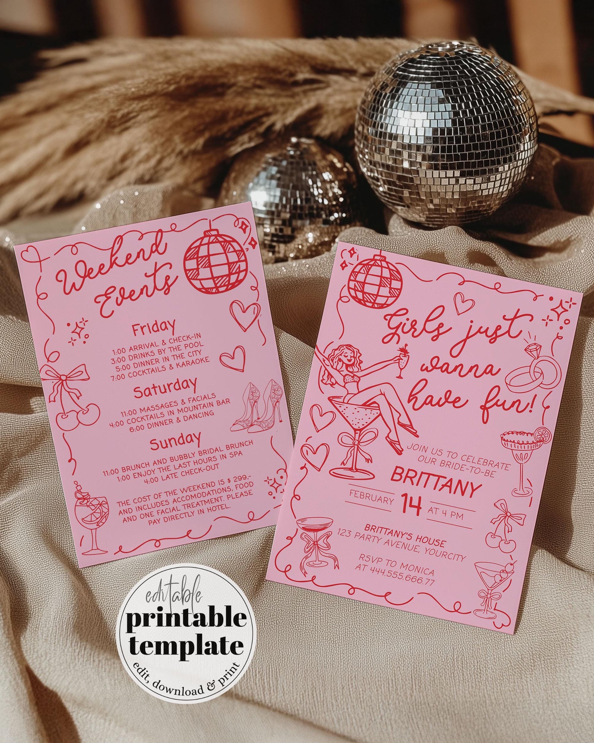 Handwritten Girls just wanna have Fun Bachelorette Party Invitation, XOXO Girls Night Bridal Shower Invitation Funky Hen Do Itinerary #070 - TheLovebirdsDesign