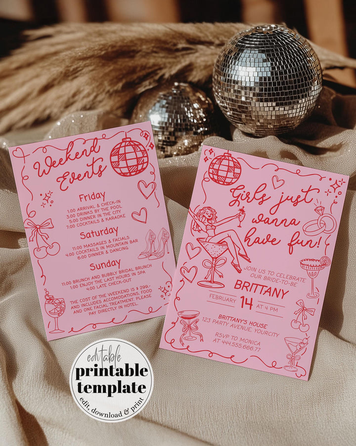 Handwritten Girls just wanna have Fun Bachelorette Party Invitation, XOXO Girls Night Bridal Shower Invitation Funky Hen Do Itinerary #070 - TheLovebirdsDesign