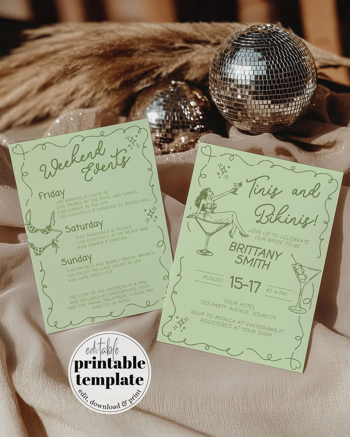 Bride in a tini bit Dirty Martini Bachelorette Weekend Itinerary, Green Olive Martini Bachelorette Party Invite Hand Drawn Template #070 - TheLovebirdsDesign