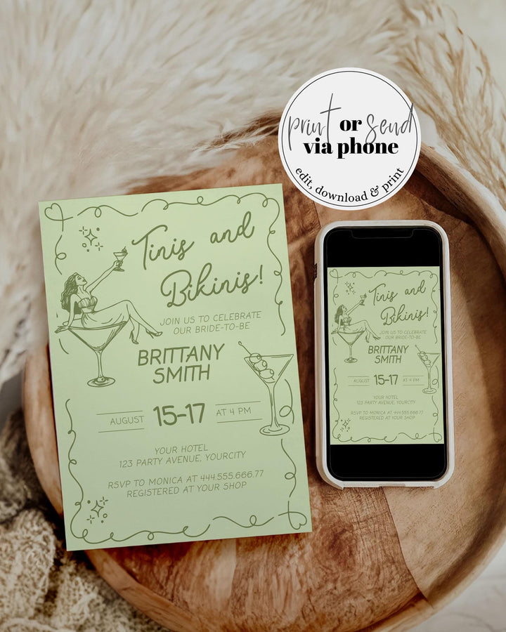 Bride in a tini bit Dirty Martini Bachelorette Weekend Itinerary, Green Olive Martini Bachelorette Party Invite Hand Drawn Template #070 - TheLovebirdsDesign