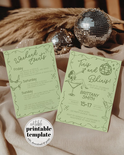Funky Bikinis and Martinis Bachelorette Itinerary, Handdrawn Wavy Dry Martini Hen can do Bach Party Invitation Printable Template #070 - TheLovebirdsDesign
