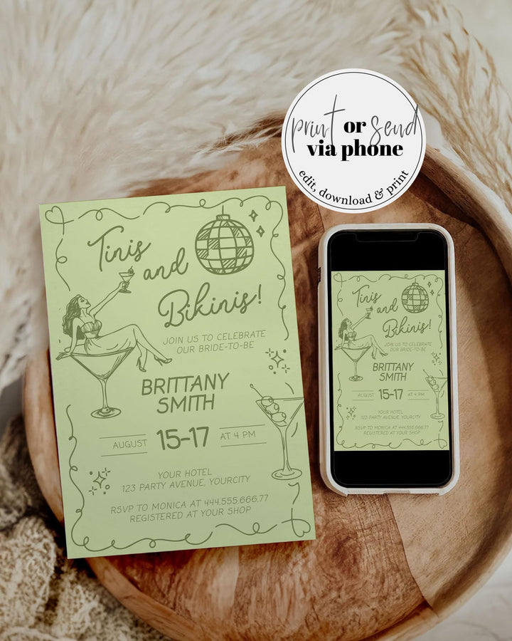 Funky Bikinis and Martinis Bachelorette Itinerary, Handdrawn Wavy Dry Martini Hen can do Bach Party Invitation Printable Template #070 - TheLovebirdsDesign