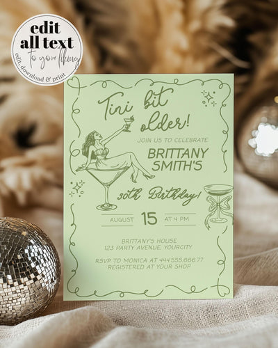 Bikinis and Martinis 30th Birthday Invitation, Funky Tini Bit Older Adult Woman Birthday Party Invite Hand Drawn Wavy Frame Template #070 - marryful.org