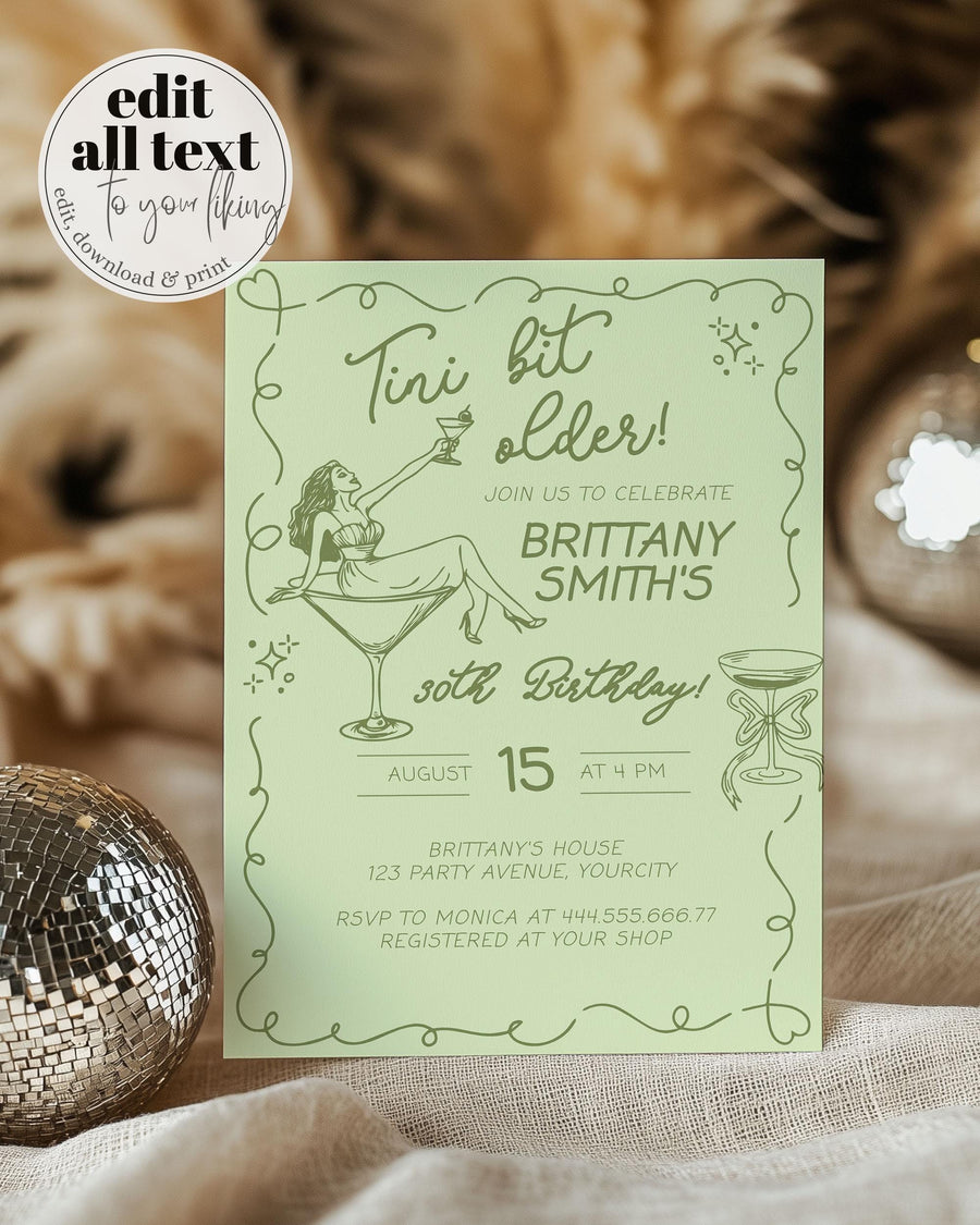 Bikinis and Martinis 30th Birthday Invitation, Funky Tini Bit Older Adult Woman Birthday Party Invite Hand Drawn Wavy Frame Template #070 - marryful.org