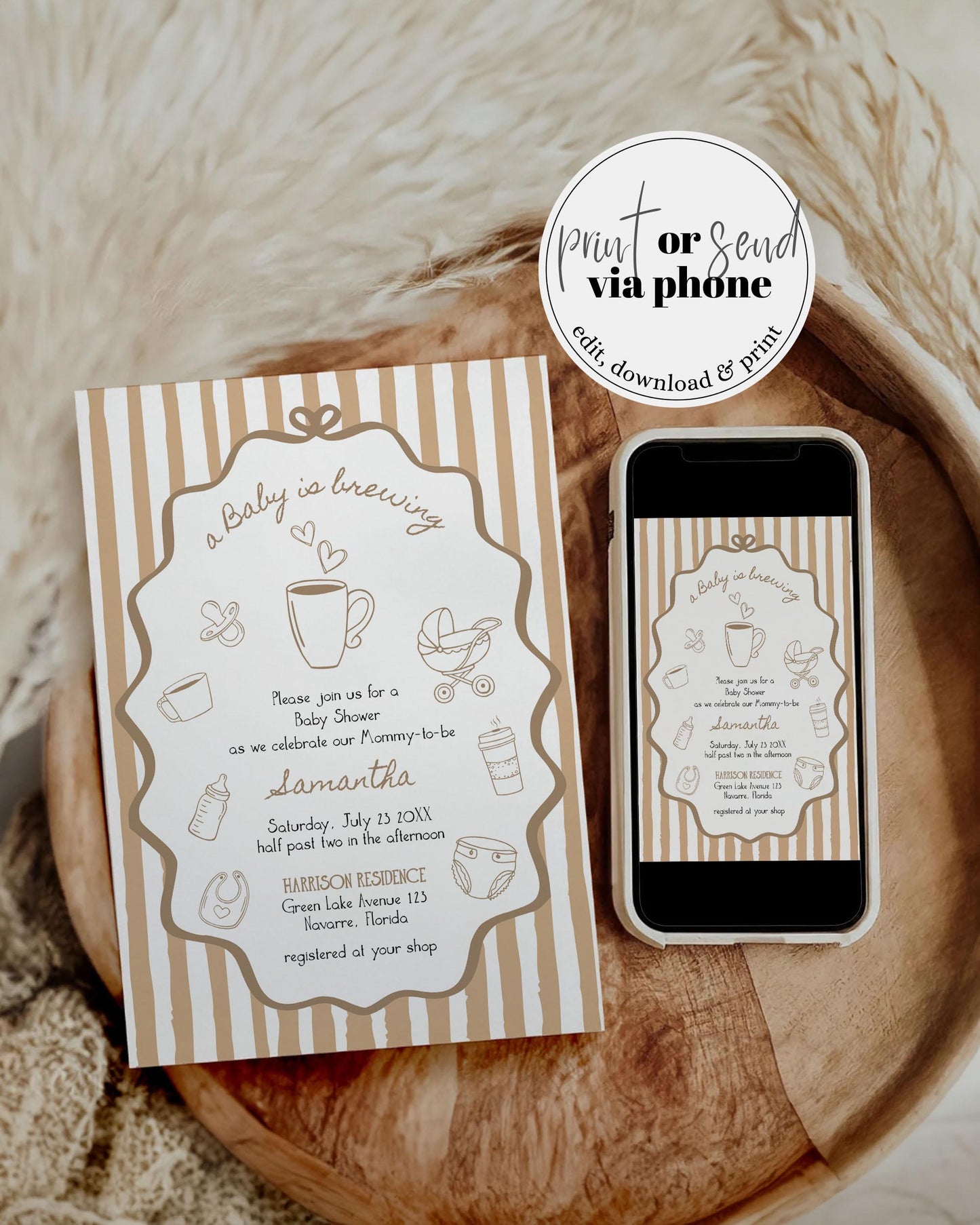 Hand Drawn Coffee Bean Baby Shower Invitation Suite, A Baby is Brewing Baby Sprinkle Invite, Cafe Bebe Printable Party Template #070 - TheLovebirdsDesign