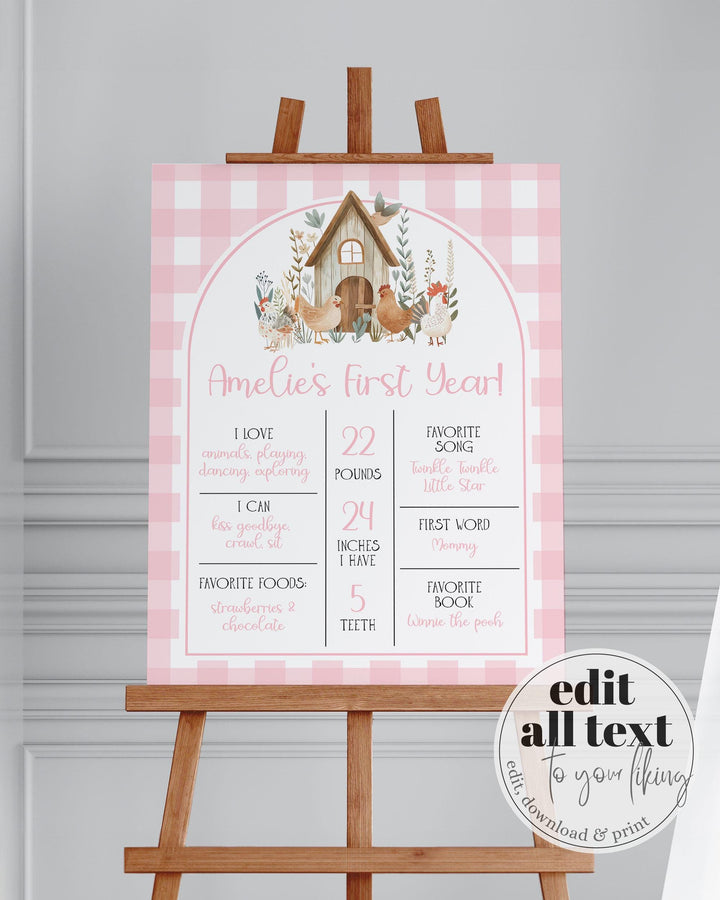 Chicken First Birthday Milestone Sign, One cute chicken 1st Birthday Decorations Sign, First Year Chicken Nugget Party Animal Template #068 - TheLovebirdsDesign
