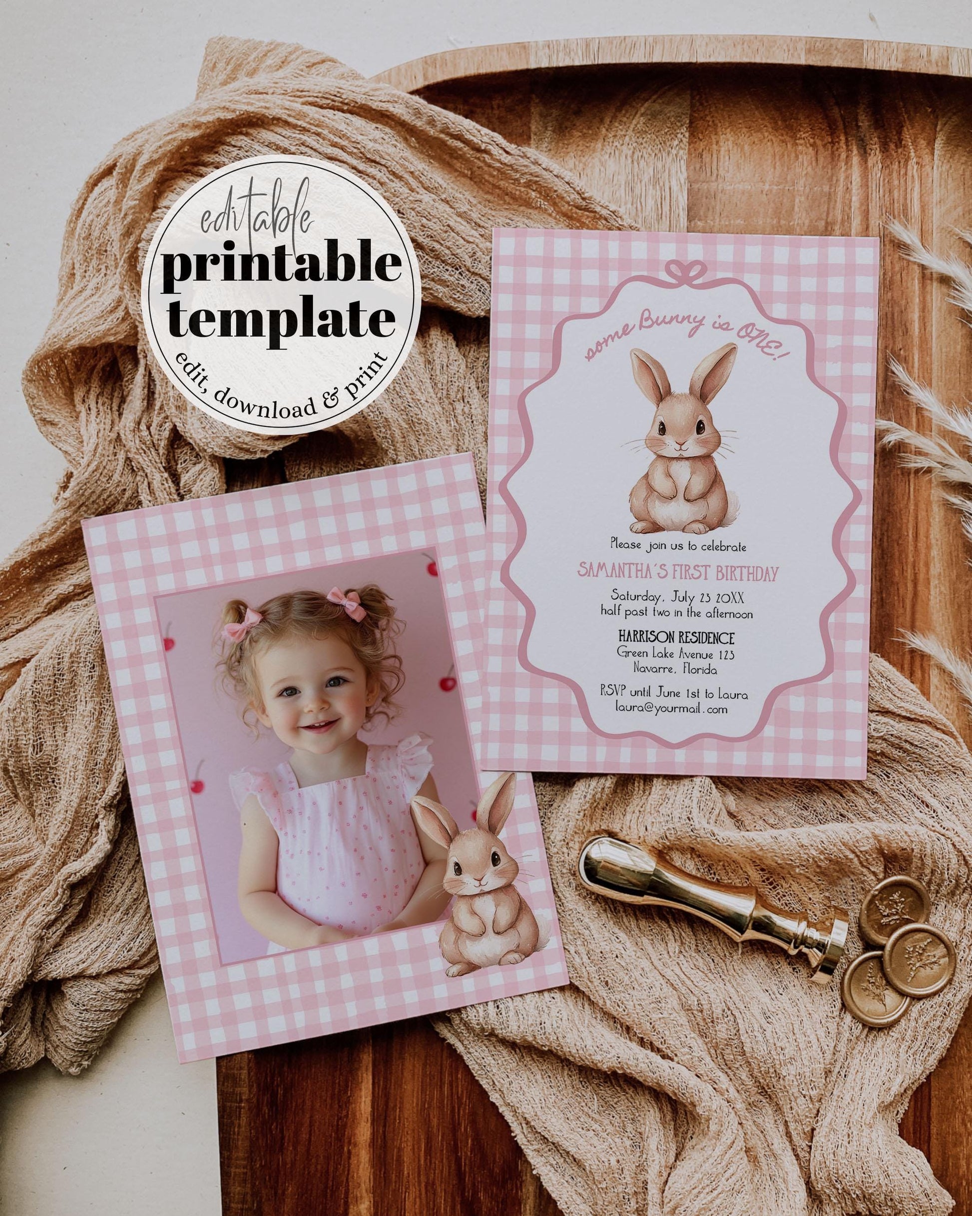 Some Bunny is One Gingham Pink First Birthday Invitation Girls, ONE Cute Rabbit Invite Some Bunny Sweet 1st Birthday Printable Template #070 - TheLovebirdsDesign