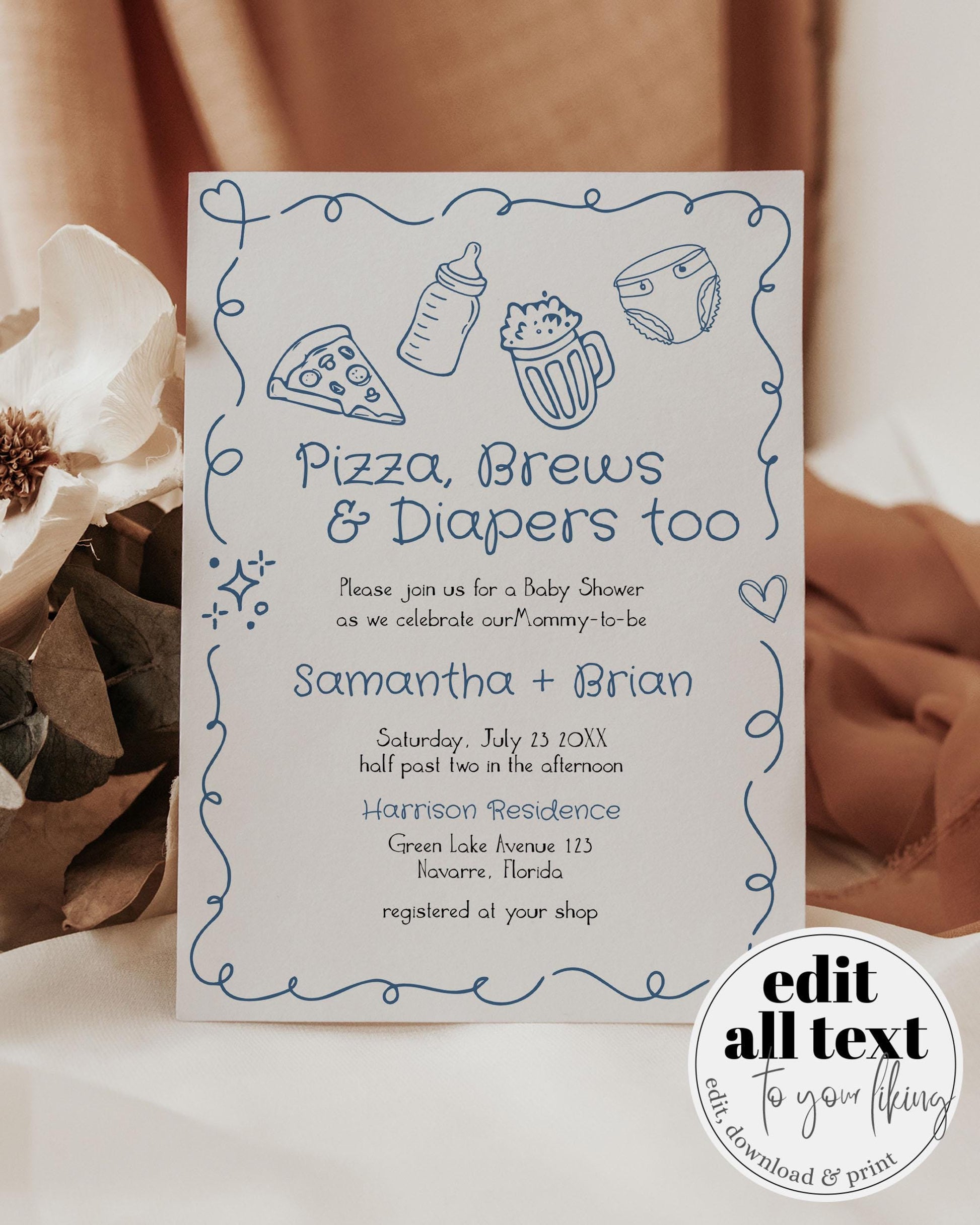 Pizza Brews Diapers too Baby Shower Invitation Italian Pizza Beer Whimsical Baby Sprinkle Boy Editable Pizza Slice Party Invite Template#070 - TheLovebirdsDesign