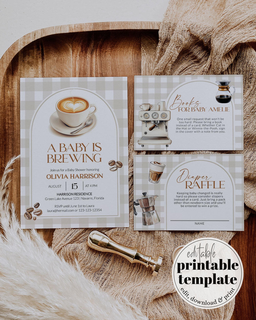 Coffee Bean Baby Shower Invitation Set, A Baby Is Brewing Café Bébé Template 088CO-BSINV2 - marryful.org