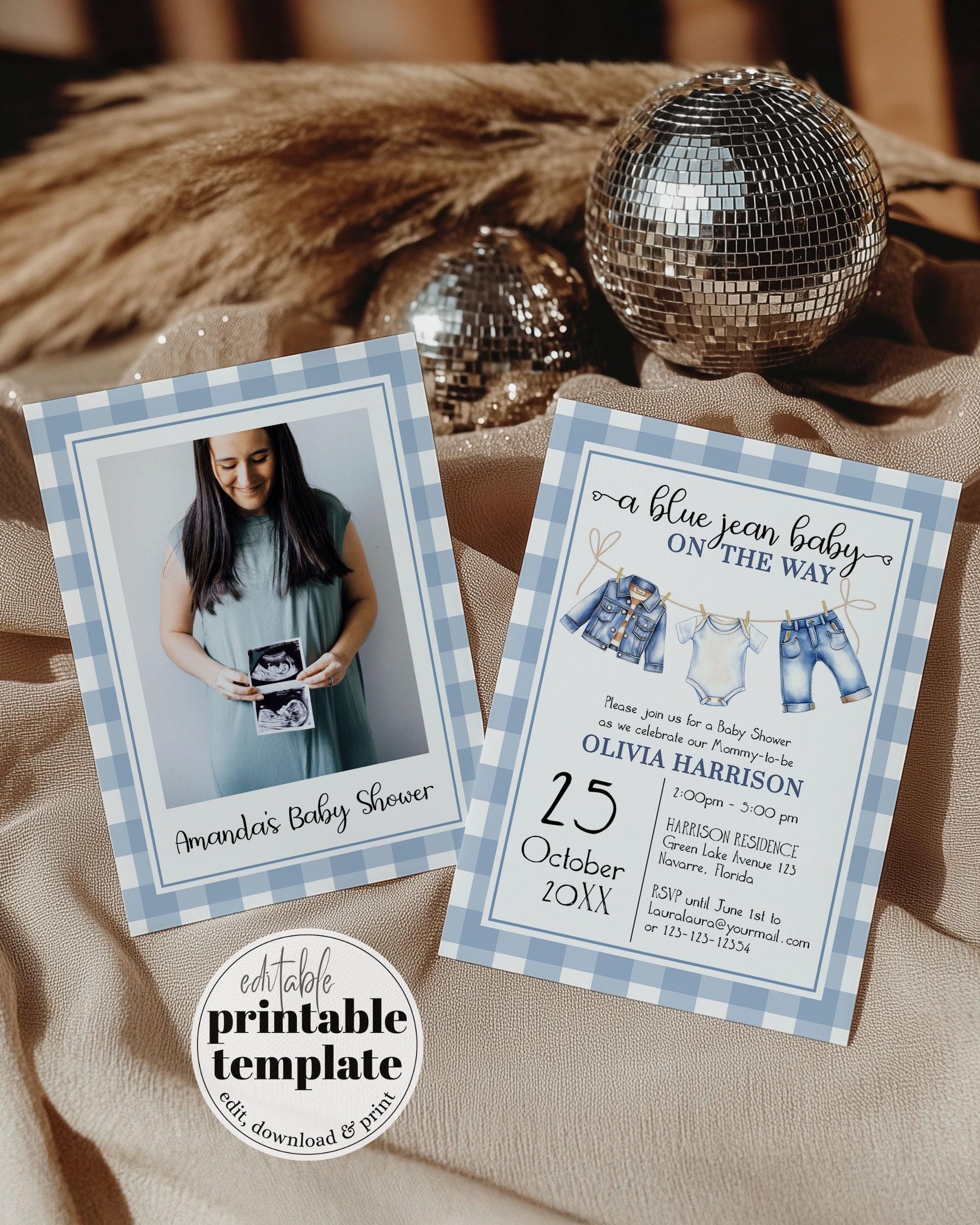 Blue Jean Baby Shower Invitation Template, Boy Blue Denim Gingham Baby Shower Invite, Denim Diamonds Baby on the way Theme Template #068 - TheLovebirdsDesign