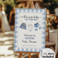Blue Jean Baby Shower Welcome Sign Template, Boy Blue Denim Gingham Baby Shower Decoration Board, Jeans Baby on the way Theme Template #068 - TheLovebirdsDesign