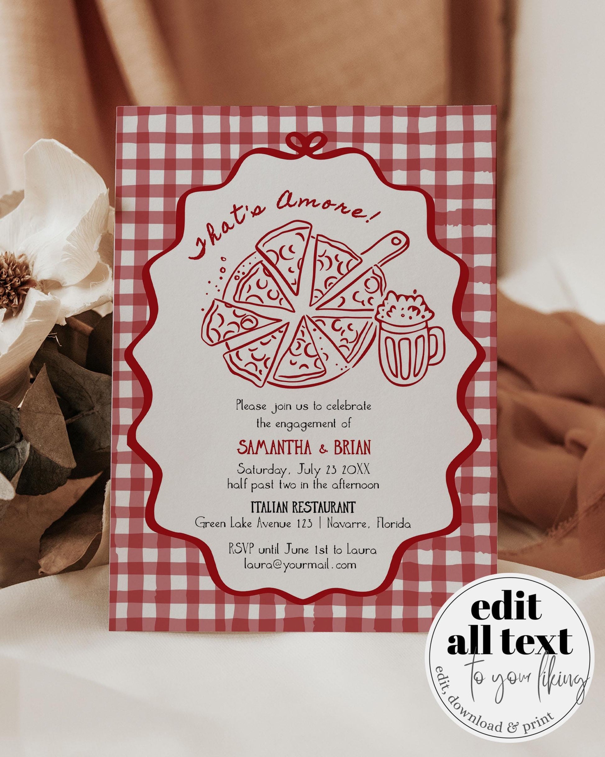 That's Amore Pizza Brews Couples Shower Invitation, Italian Pizza Beer Bridal Shower Invite, Editable Pizza Slice Party Invite Template #068 - TheLovebirdsDesign
