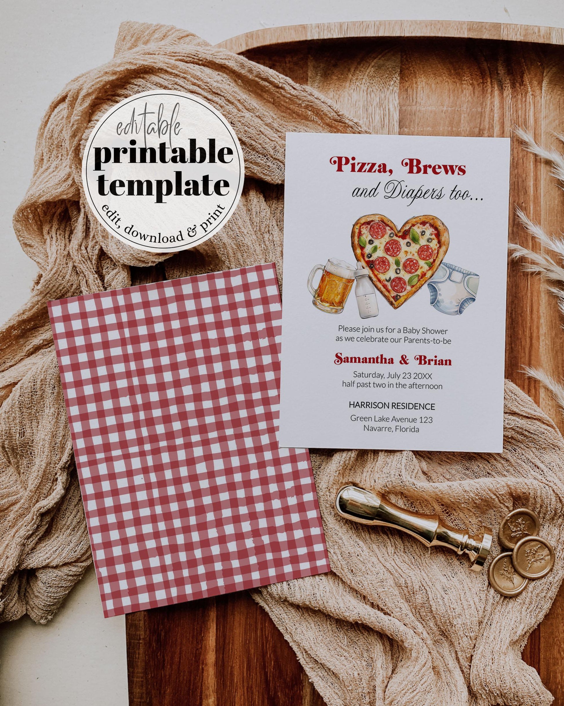 Pizza Brews and Diapers too Baby Shower Invitation, Red Gingham Italian Pizza Beer Baby Shower Invite Set, Pizza Slice Party Template #068 - TheLovebirdsDesign