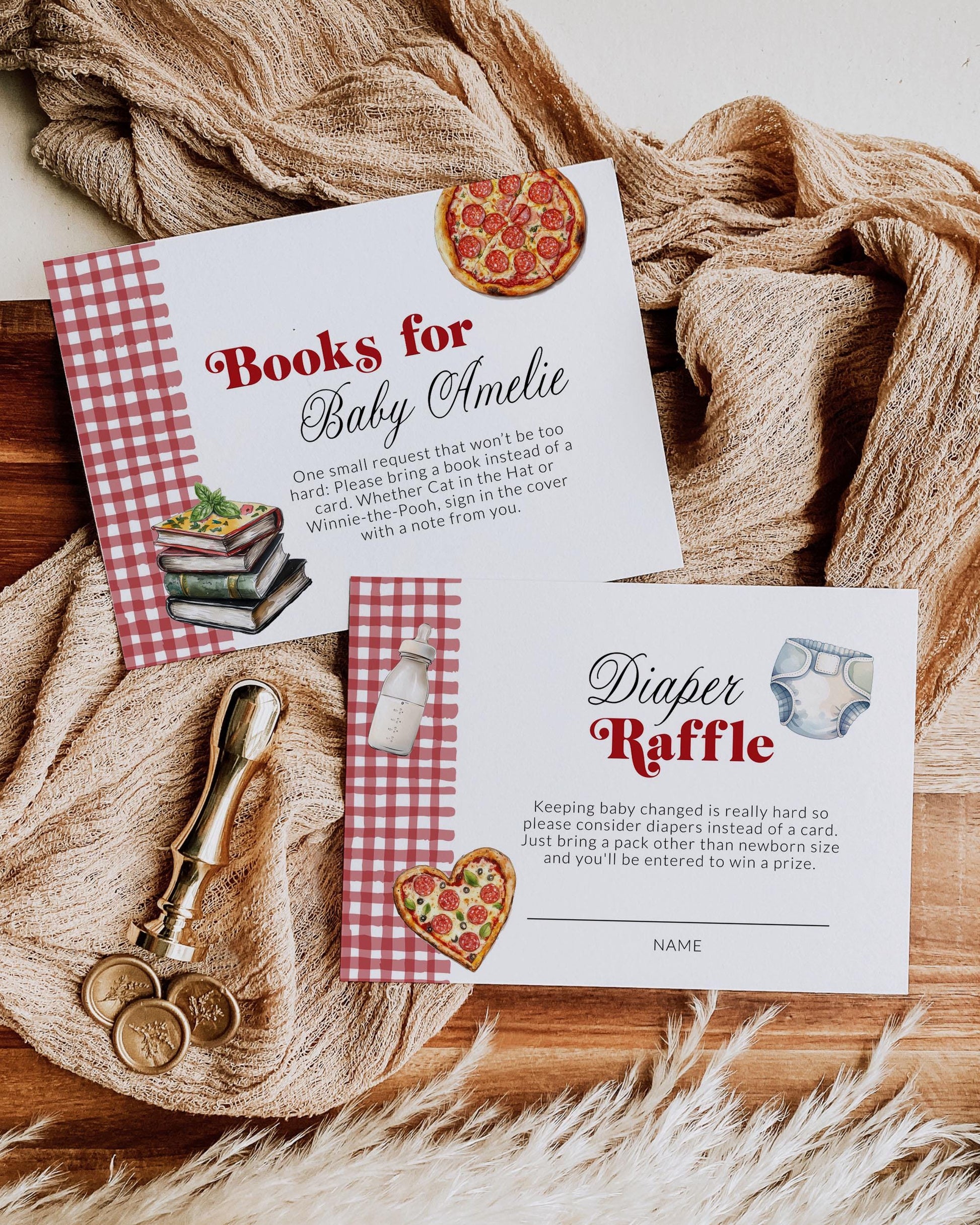 Pizza Brews and Diapers too Baby Shower Invitation, Red Gingham Italian Pizza Beer Baby Shower Invite Set, Pizza Slice Party Template #068 - TheLovebirdsDesign