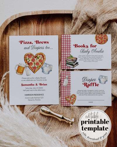 Pizza Brews and Diapers too Baby Shower Invitation, Red Gingham Italian Pizza Beer Baby Shower Invite Set, Pizza Slice Party Template #068 - TheLovebirdsDesign