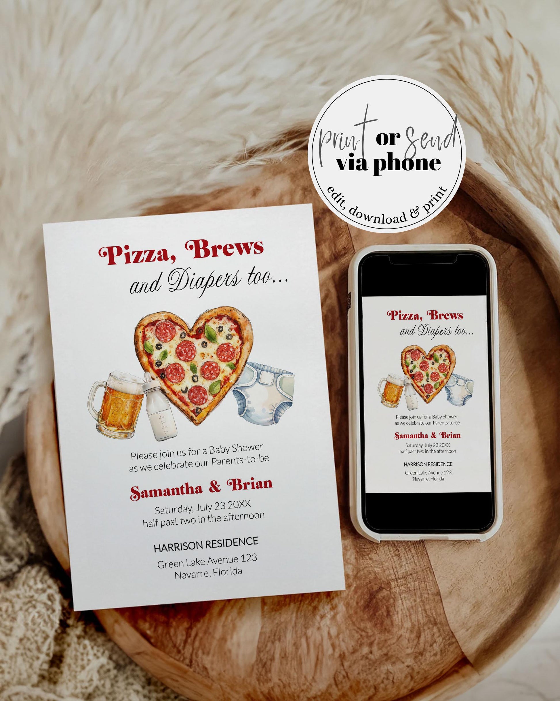 Pizza Brews and Diapers too Baby Shower Invitation, Red Gingham Italian Pizza Beer Baby Shower Invite Set, Pizza Slice Party Template #068 - TheLovebirdsDesign