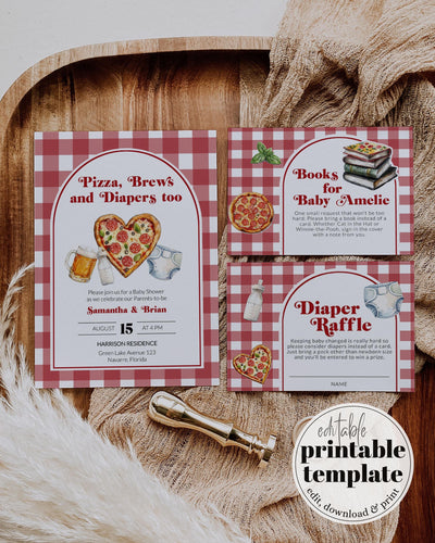 Pizza Brews Diapers Baby Shower Invitation, Printable Italian Pizza Beer Baby Shower Invite Suite, Editable Pizza Slice Party Template #068 - TheLovebirdsDesign