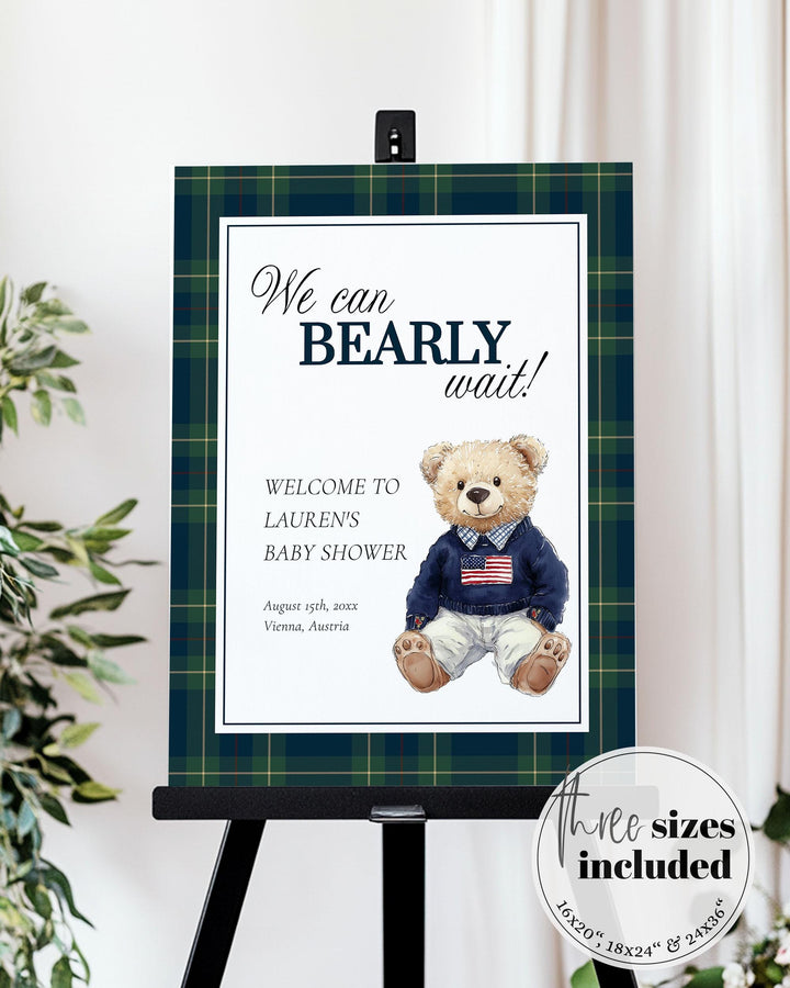 Ralph Polo Baby Shower Welcome Sign, We can Bearly Wait Luxury Blue Green Bear Shower Decorations Board, Plaid Theme Shower Template #068 - TheLovebirdsDesign