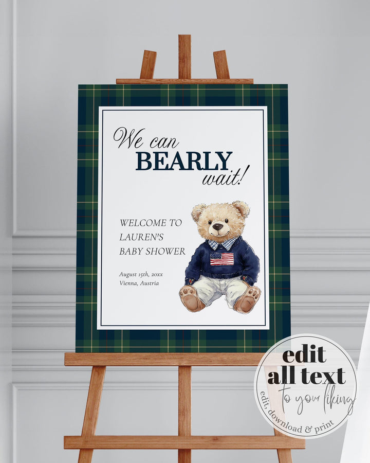 Ralph Polo Baby Shower Welcome Sign, We can Bearly Wait Luxury Blue Green Bear Shower Decorations Board, Plaid Theme Shower Template #068 - TheLovebirdsDesign